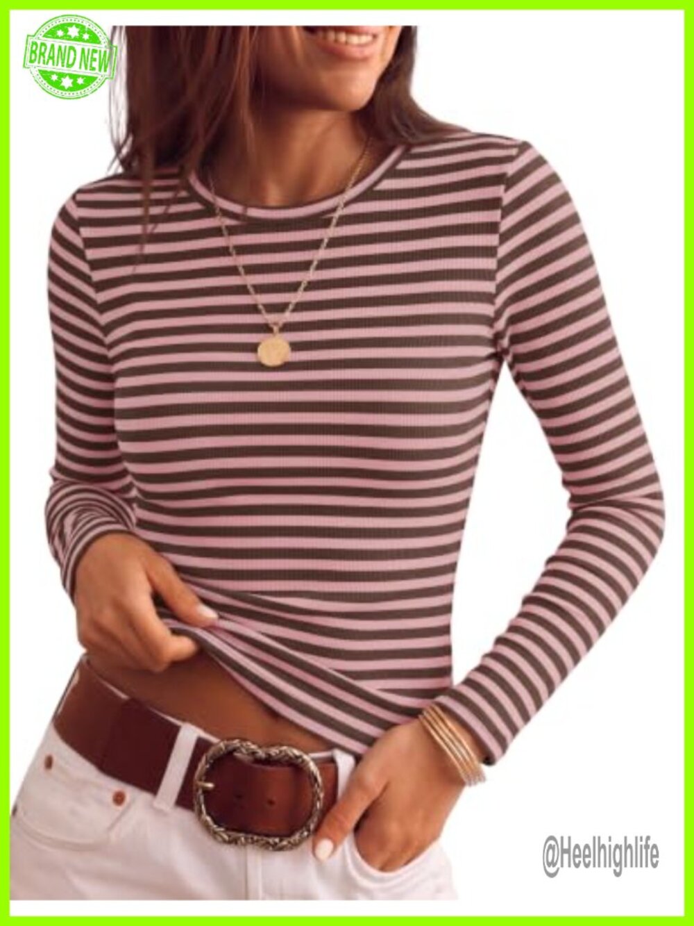 Women's Striped Long Sleeve Slim Fit Ribbed Knit Top Dressy Casual Work Blouse